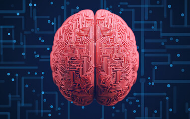 Poster - Futuristic digital brain concept with circuit patterns on a dark blue background, representing AI and advanced technology.