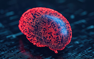 Wall Mural - A digital illustration of a human brain with intricate red circuitry on a dark background, symbolizing artificial intelligence and advanced technology.