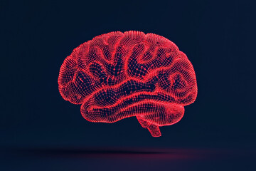 Poster - 3D-rendered image of a red neural brain model displaying intricate neural pathways, isolated against a dark blue background, symbolizing artificial intelligence.