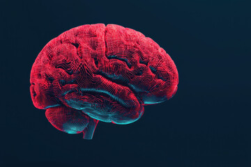 Poster - Futuristic neon digital brain illustration with glowing red and blue highlights on a dark background, showcasing modern technology and science concepts.