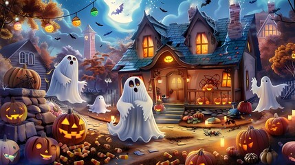 A family of friendly ghosts, each with a cute, happy expression, floating around a decorated house with cheerful Halloween decorations like colorful pumpkins and candy corn 