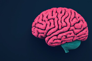 Poster - 3D-rendered pink brain with intricate neural pathways and teal wires, against a dark background, symbolizing advanced technology and artificial intelligence.