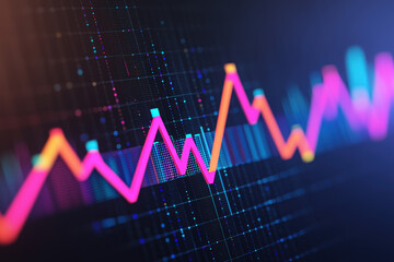 Poster - Colorful line graph with vibrant data points on a dark background, representing financial analytics and market trends in a dynamic digital display.