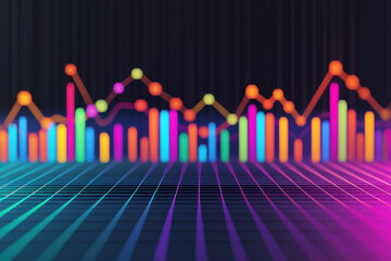 Poster - Colorful neon light bar chart graph on dark background with grid pattern, representing data analysis, trends and futuristic financial concept.