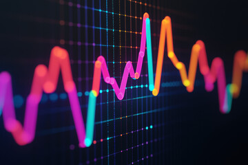 Poster - Colorful glowing data visualization chart with dynamic lines and dots on a dark background, representing business analytics and insights.