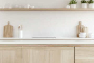 Wall Mural - Minimalistic light wooden kitchen with white walls and beige cabinets