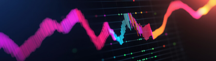 Wall Mural - Colorful financial graph with neon lines illustrating data trends and market analytics. High-resolution image perfect for business and tech presentations.