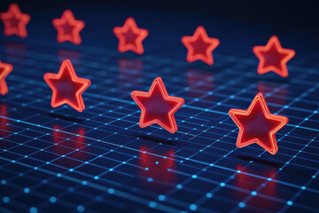 Aufkleber - A futuristic digital illustration of glowing red stars on a grid-like blue background, representing technology, ratings, and innovation.