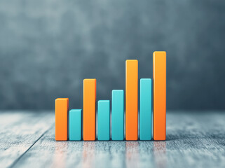 Poster - Colorful  bar graph representing growth on a textured wooden surface, illustrating financial or business data in a modern setting.
