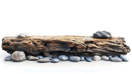 Wall Mural - Rustic Driftwood Table by Natural Pool with Smooth Pebbles Ready for Organic Product Display