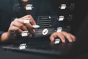 Poster - Electronic document management system concept. Businessman writing virtual online document. Online survey filling out, Digital form checklist by laptop computer, Process manage files, Technology DMS,