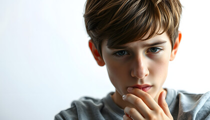 Wall Mural - Young teenager boy at counseling - biting nails immersed in thoughts, close up isolated with white highlights, png