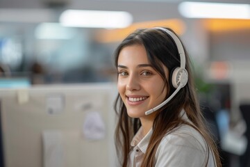 Poster - A young woman customer service representative in a modern office smiles with a headset, ready to assist customers. She exudes professionalism, approachability and a willingness to help