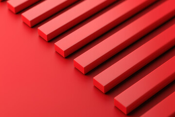 Poster - Abstract image of parallel red bars arranged diagonally on a smooth red surface, creating a geometric and modern visual effect.