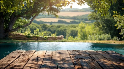 Wall Mural - Rustic Barnwood Table Beside Country Pool With Rolling Fields Ideal For Farm to Table Product Displays