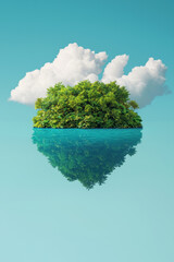 Poster - Serene small island with lush greenery and clear blue water reflecting the sky and clouds, presenting a tranquil and picturesque natural scene.