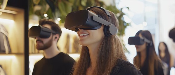 Poster - Woman with Virtual Reality Headset Smiling in a Modern Setting