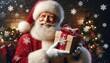 © Iryna - A cheerful smiling Santa Claus holds a Christmas gift in his hands near the Christmas tree