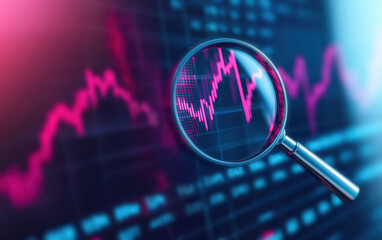 Poster - Magnifying glass focusing on a fluctuating stock market chart with red lines, illustrating financial analysis, investment strategies, and market trends.