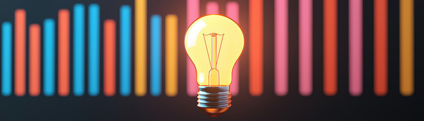 Poster - A bright light bulb illuminating a dark background with red and blue vertical bars, symbolizing innovation, creativity, and fresh ideas.