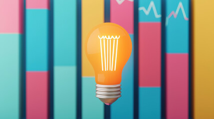 Poster - A vibrant orange light bulb placed in front of colorful bar charts, symbolizing innovation and data-driven insights.