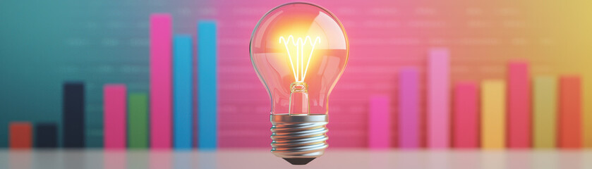 Poster - A glowing light bulb hovers against a colorful bar graph background, symbolizing innovation, creativity, and bright ideas in analytics and business.