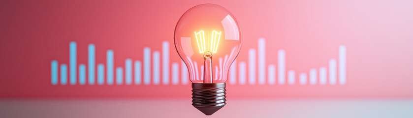 Poster - Glowing lightbulb in front of a bar graph on a pink background, symbolizing innovation, analysis, and data-driven insights and ideas for business and technology.
