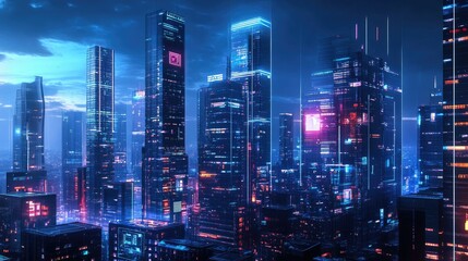 Poster - A high-tech city at night, with sleek skyscrapers adorned with digital displays and vibrant LED lighting. Ideal for showcasing modern technology.