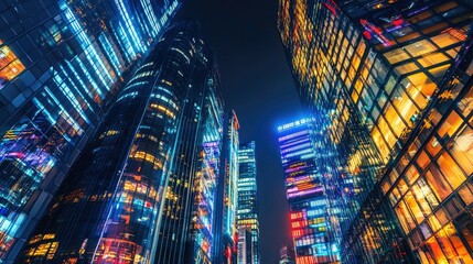 Poster - A high-tech city at night, with sleek skyscrapers adorned with digital displays and vibrant LED lighting. Ideal for showcasing modern technology.