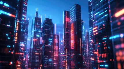 Poster - A high-tech city at night, with sleek skyscrapers adorned with digital displays and vibrant LED lighting. Ideal for showcasing modern technology.