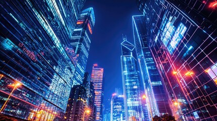 Poster - A high-tech city at night, with sleek skyscrapers adorned with digital displays and vibrant LED lighting. Ideal for showcasing modern technology.