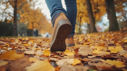 Close-up of a person walking on fallen autumn leaves in a park. AI generated image