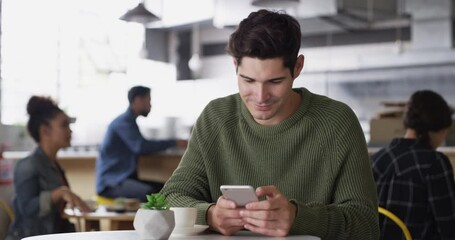 Canvas Print - Laughing, phone or happy man in cafe with a meme on social media or website notification. Mobile app, smile or person in coffee shop texting, typing online or reading a funny joke on internet post