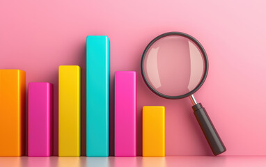 Poster - Colorful bar graphs and a magnifying glass against a pink background, symbolizing analysis, data visualization, and business growth.