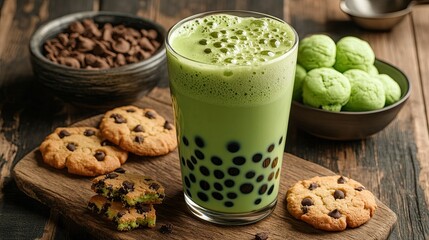 Wall Mural - A matcha latte milk tea with vibrant green boba pearls, accompanied by cookies on a wooden table, ideal for showcasing a delicious drink and snack pairing.