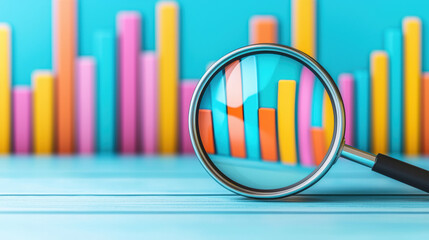 Poster - Close-up of a magnifying glass focusing on colorful bar graphs and charts, representing data analysis and business growth. Abstract background.