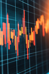 Poster - Close-up view of a vibrant stock market graph showcasing bullish and bearish trends on a glowing grid background.