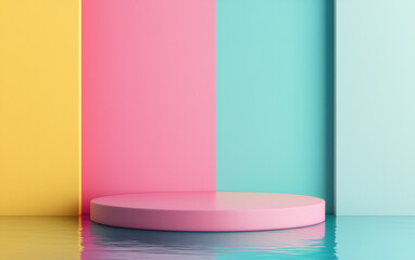 Poster - Vibrant abstract background featuring a pink platform in a pastel-colored room. Ideal for modern design, product display, or creative presentations.