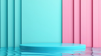 Poster - Minimalistic pastel cyan and pink abstract background with round platform and reflective water surface. Perfect for product showcase or design inspiration.