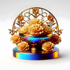 3D Glossy Marigolds with Holographic Offering Bowl concept as Mid shot of glossy marigolds surrounding a holographic offering bowl isolated on a white background offering a festive and spiritual Dia d