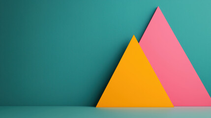 Poster - Colorful geometric abstract with overlapping yellow and pink triangles against a teal background, creating a modern and minimalistic design.