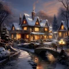 Wall Mural - Winter in the village. A beautiful house in the village. Digital painting.