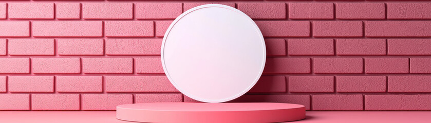 Poster - Minimalistic pink brick wall with a podium and circle frame. Ideal for design mockups, presentations, or aesthetic backgrounds.