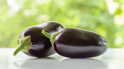 two vibrant eggplants on a white table, framed by green, highlight their rich purple hue.