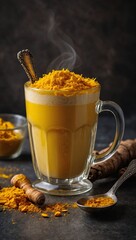 Wall Mural - A glass of yellow latte with turmeric roots and a spoon