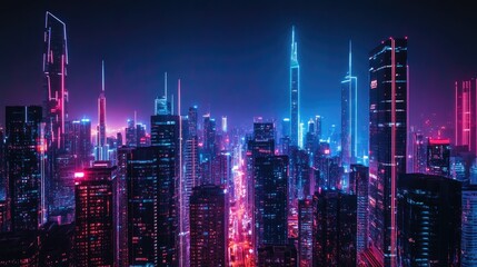 Poster - A vibrant city skyline at night with sleek, illuminated skyscrapers and high-tech urban design. An ideal premium background for technology-related content.