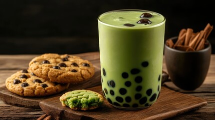 Wall Mural - A vibrant matcha iced milk tea with green boba pearls, paired with freshly baked cookies on a wooden table. Ideal for refreshing drink and snack visuals.