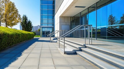 A wheelchair ramp leading to the entrance of a modern building, with clear signage and safety features like handrails and non-slip surfaces.