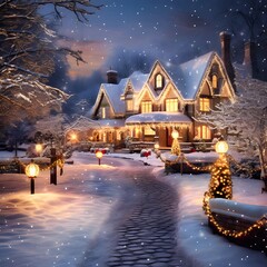 Wall Mural - Winter landscape with snow covered trees and houses. Christmas and New Year background.