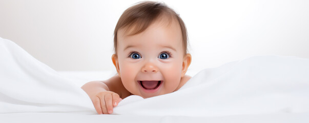 Happy baby smiles while crawling playfully on a white bed with soft bedding during a bright morning at home